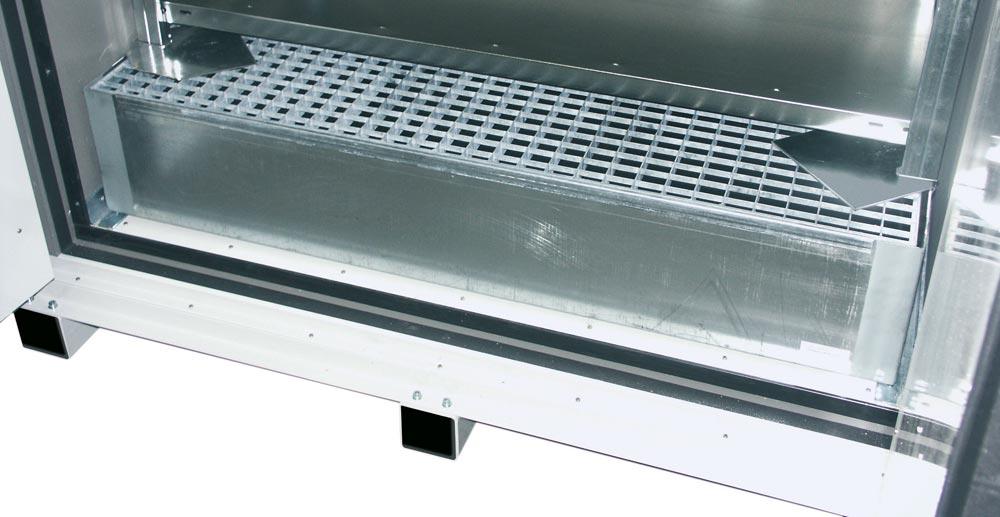 Fass-Schrank für 2x200-l-Fässer, BxTxH 1555x1015x2225 mm, inkl. Auffangwanne 220 l mit Gitterrost und Türfeststellanlage, RAL 7035