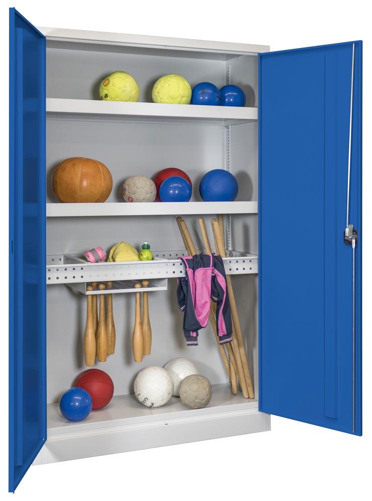 Ballschrank m. Vollblech Flügeltüren, BxTxH 1200x500x1950 mm, 2 Böden, 2 Längs- 2 Quertraversen,Trennsteg, Keulenhalter, Schloss, RAL 7035/5010