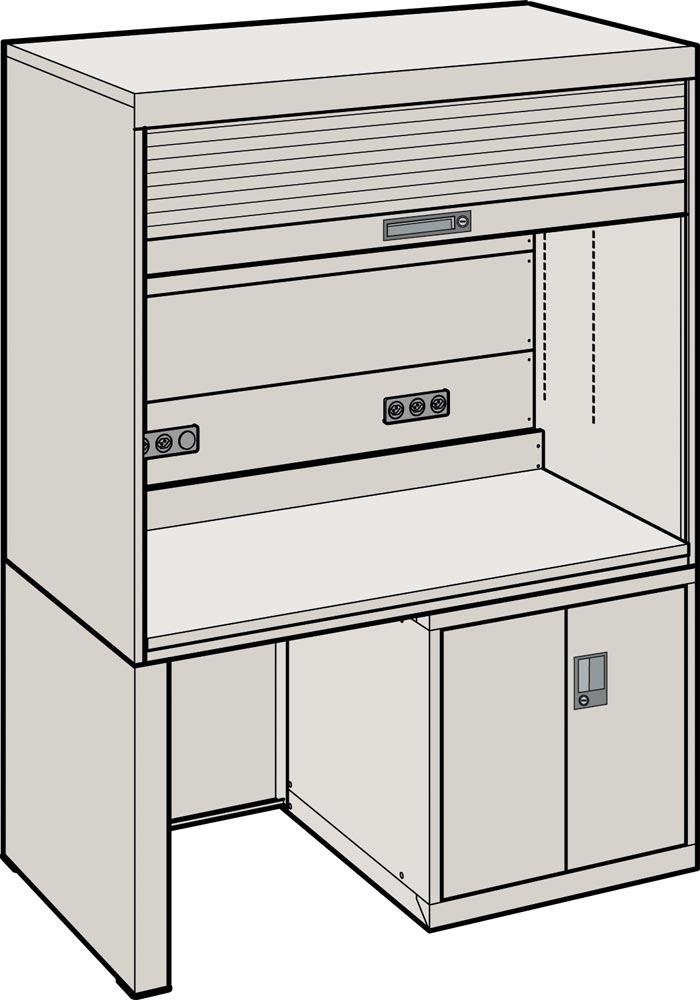 Arbeitsplatzsystem BxTxH 1434x725x1900 mm, RAL 7035, 1 Aufsatzschrank mit Rolladen, 1 Fuß, 1 Hardwareschrank