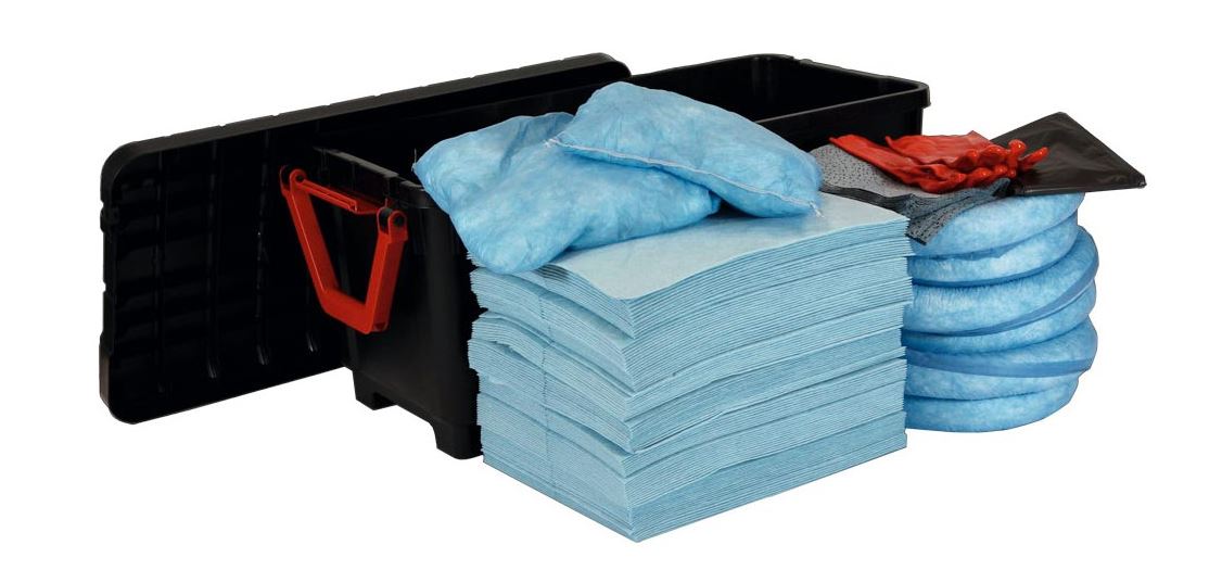 Notfall-Set, BxTxH 840x600x660 mm, Aufn. 150 l, 100 Tücher, 4 Schlängel, 2 Kissen, 20 Wischtücher, Handschuhe, Entsorgungssäcke, Öle, blau