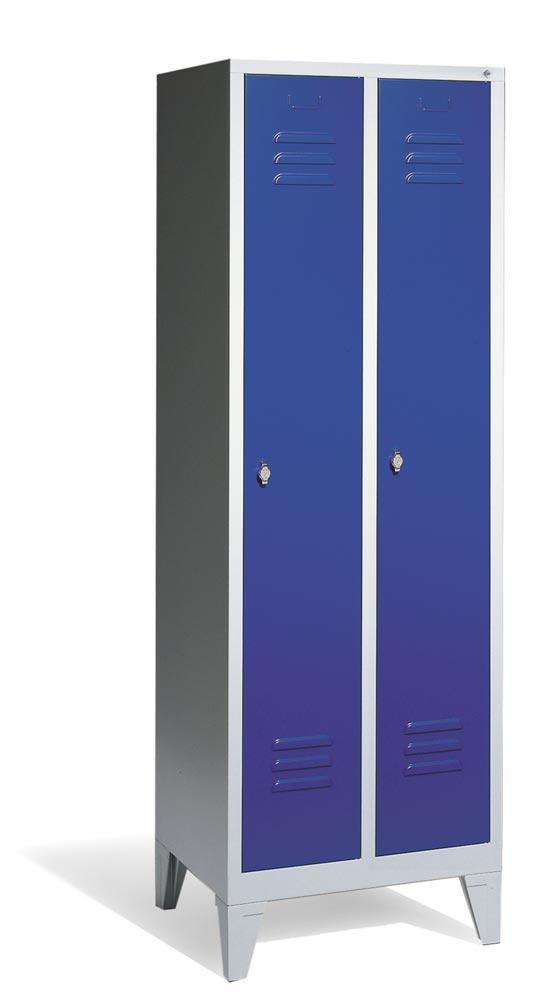 Garderobenschrank, einzeln verschließ. Abteil, BxTxH 610x500x1850 mm, 2 Abteile, B 300 mm, Füße, Drehriegel RAL 7035/5010