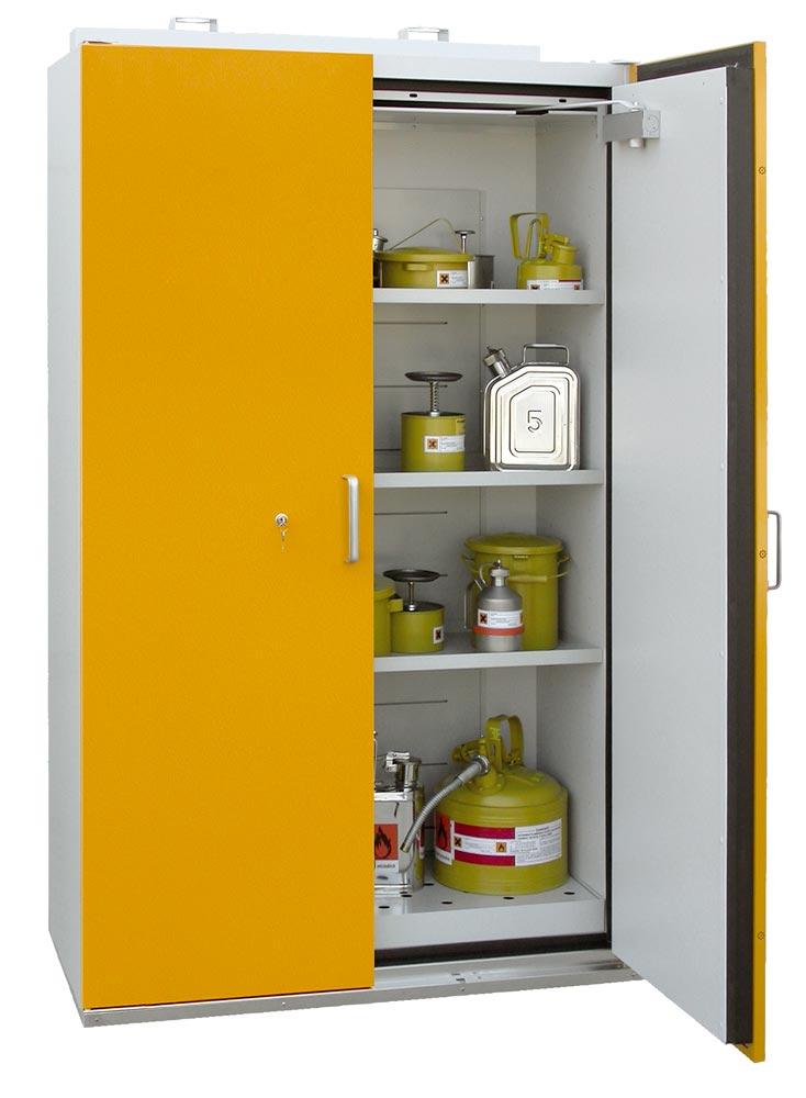 Gefahrstoffschrank, BxTxH 1190x598x1935 mm, Innen HPL, 3 Böden, 1 Bodenauffangwanne mit Lochblecheinsatz, Typ 90, RAL 7035/1007
