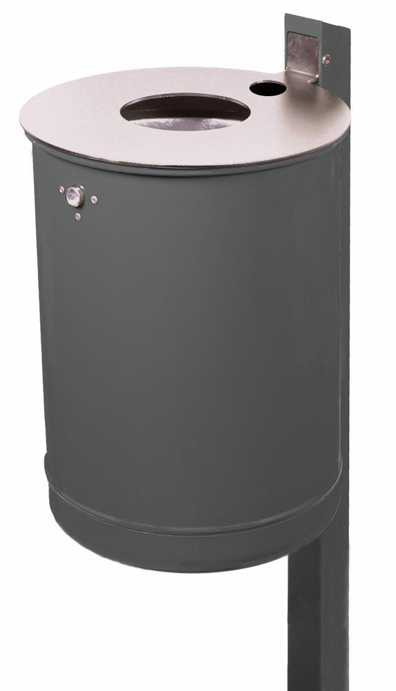 Abfallbehälter mit Ascher 50 l, m. Edelst.-Deckelscheibe DxH 380x515 mm, inkl. Q-Rohrpfosten zum Einbetonieren, Einsatzbehälter, DB703