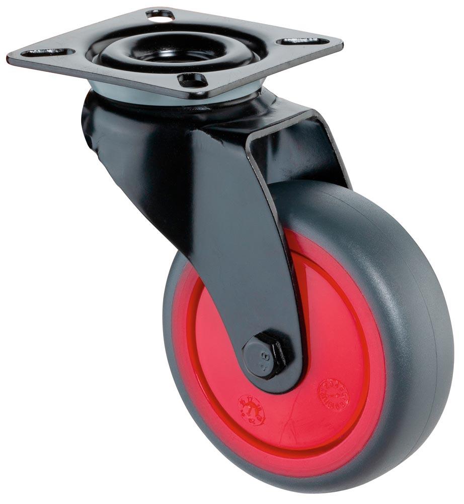 Bockrolle schwarz, thermoplastisches Gummirad grau, DM 50 mm, Tragl. 50 kg, Felge rot, Kugellager, Platte