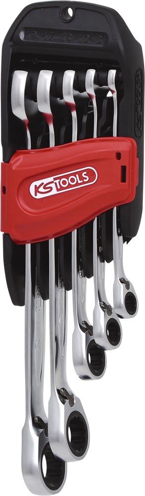 Ratschen-Ringmaulschlüssel-Satz GEARplus, umschaltbar, 5tlg., 8-19 mm, Klemmhalter Ratschen-Ringmaulschlüssel-Satz GEARplus, umschaltbar, 5tlg., 8-19 mm, Klemmhalter