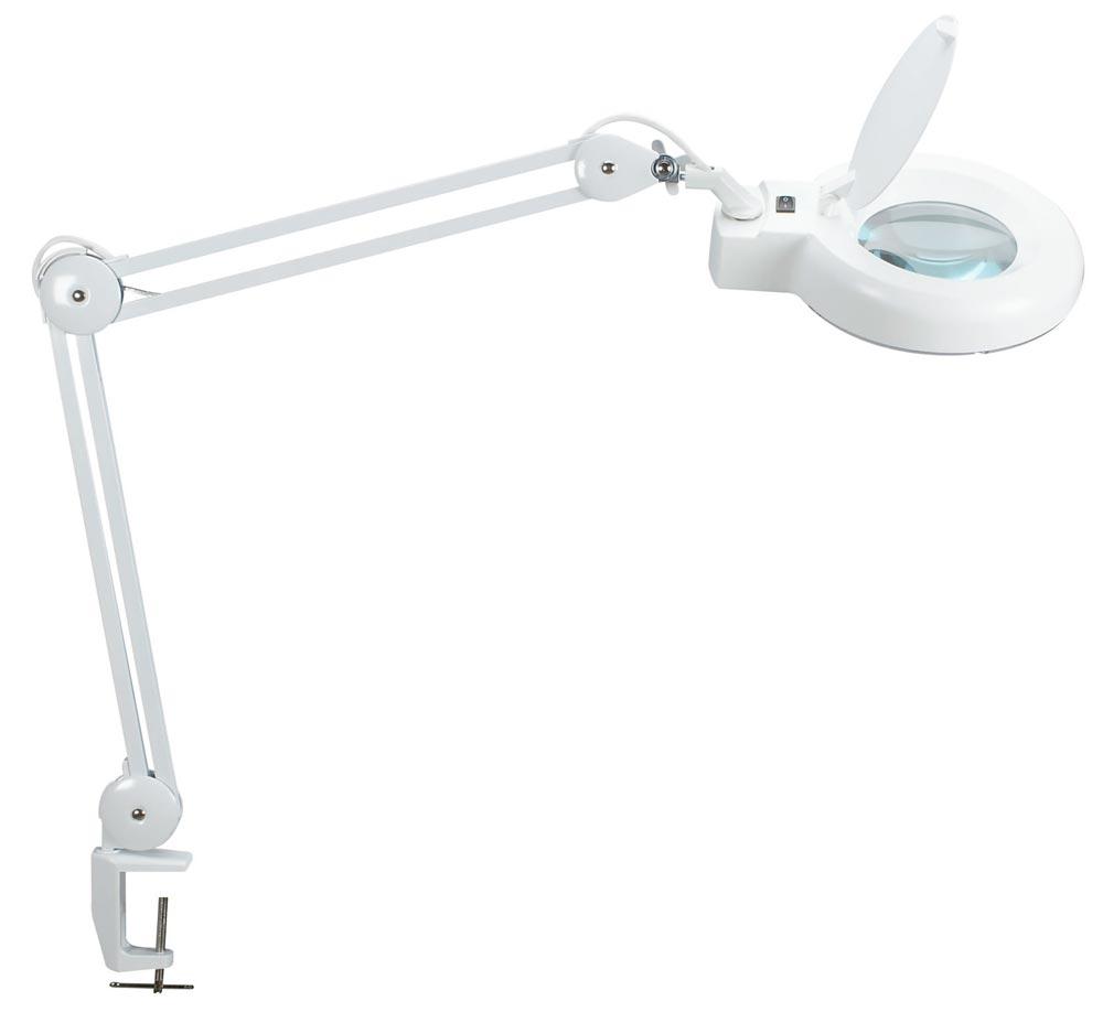 LED-Lupenleuchte Glaslinse 127mm 5 Zoll Tischklemme weiß m.Abdeckung,runder Kopf