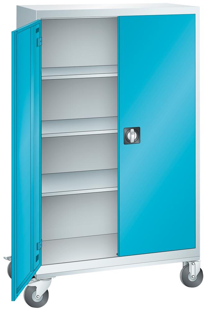 Mobiler Flügeltürenschrank, Vollblechtüren, BxTxH 1005x500x1765 mm, 3 Fachböden, verzinkt, TL 100 kg, RAL 7035/5012
