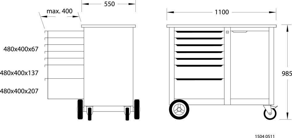 Rollwerkbank 1504 XL Außen-B1250xT630xH985mm Schubladenanzahl 7 40/60 kg 1000 kg
