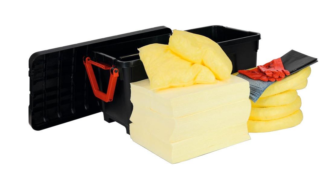 Notfall-Set, BxTxH 840x600x660 mm, Aufn. 150 l, 100 Tücher, 4 Schlängel, 2 Kissen, 20 Wischtücher, Handschuhe, Entsorgungssäcke, alle Flüss., gelb