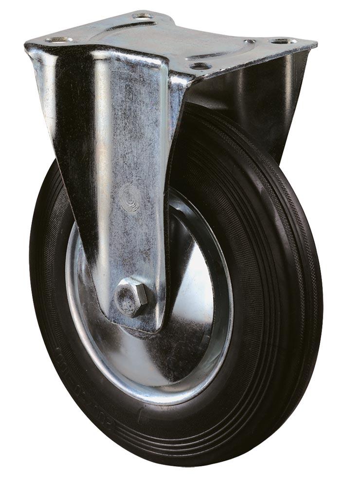 Transportgeräte-Bockrolle, Gummi schwarz, Durchm. 125 mm, Traglast 100 kg, Rollenlager, Anschraubplatte