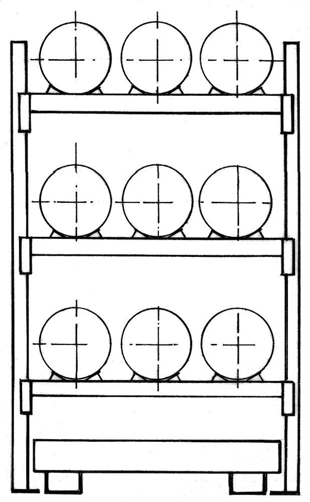 Fassregal, AF, für 9x60 l-Fässer, liegende Lagerung, mit Auffangwanne 285 l, BxTxH 1350x850x2500 mm