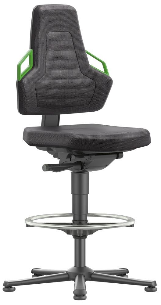 Arbeitsdrehstuhl mit autom. Gewichtregulierung, Sitz Stoff schwarz, Griffe grün, Gleiter u. Fußring, Sitz Höhe 570-820 mm
