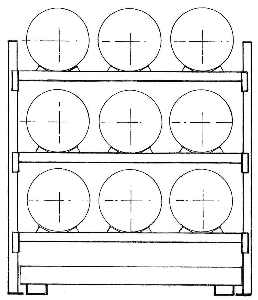 Fassregal, AF, für 9x200 l-Fässer, liegende Lagerung, mit Auffangwanne 375 l, BxTxH 2225x850x2500 mm