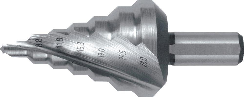 Stufenbohrer Bohrbereich 5-28 mm HSS spiralgenutet Schneidenanzahl 2 Stufenanzahl 7