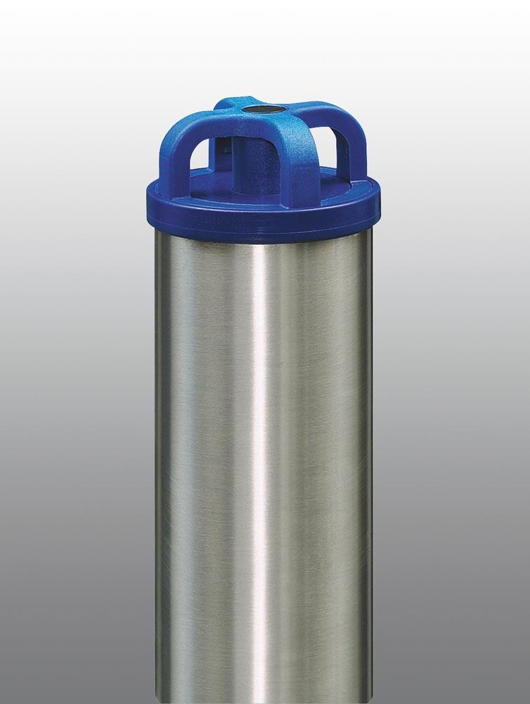 Edelstahlsperrpfosten, rund, Durchm. 76 mm, herausnehmbar aus Bodenhalterung, mit Dreikant-Feuerwehr verschluss, mit Kettenkopf