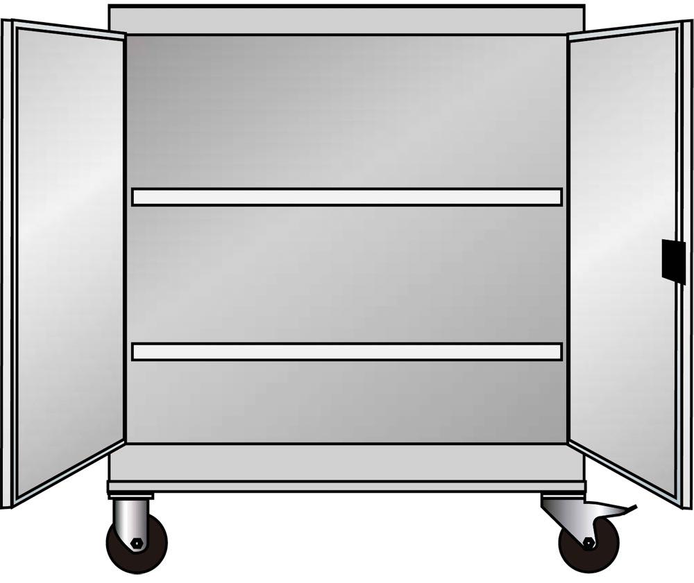 Mobiler Flügeltürenschrank, Vollblechtüren, BxTxH 1005x500x1195 mm, 2 Fachböden, verzinkt, TL 100 kg, RAL 7035/5012