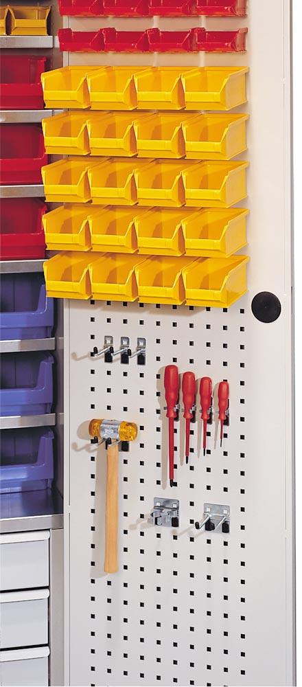 Großraumschrank, BxTxH 1100x530x1950 mm, 3 Schub., Kästen: 40xGr. 6 rot, 70xGr. 5 blau, 21xGr. 4 gelb, 5xGr. 3z rot, 6xGr. 2z grün, RAL 7035 lichtgrau