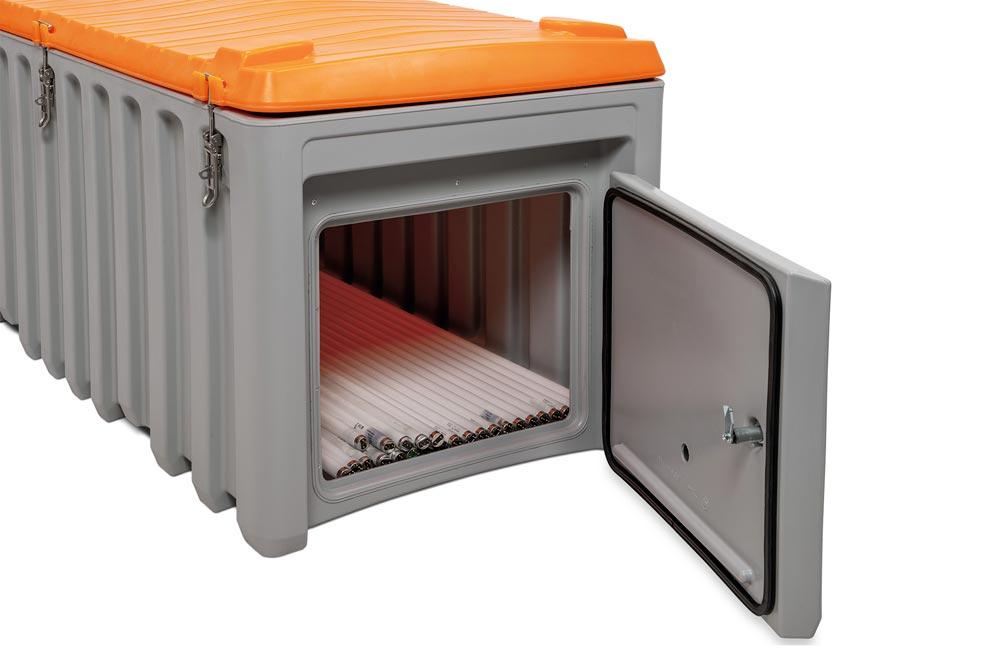 Materialbox, mit Seitentür BxH 500x450mm, Polyethylen, grau/orange, Volumen 750 l, BxTxH 1700x840x800 mm, Gewicht 43kg