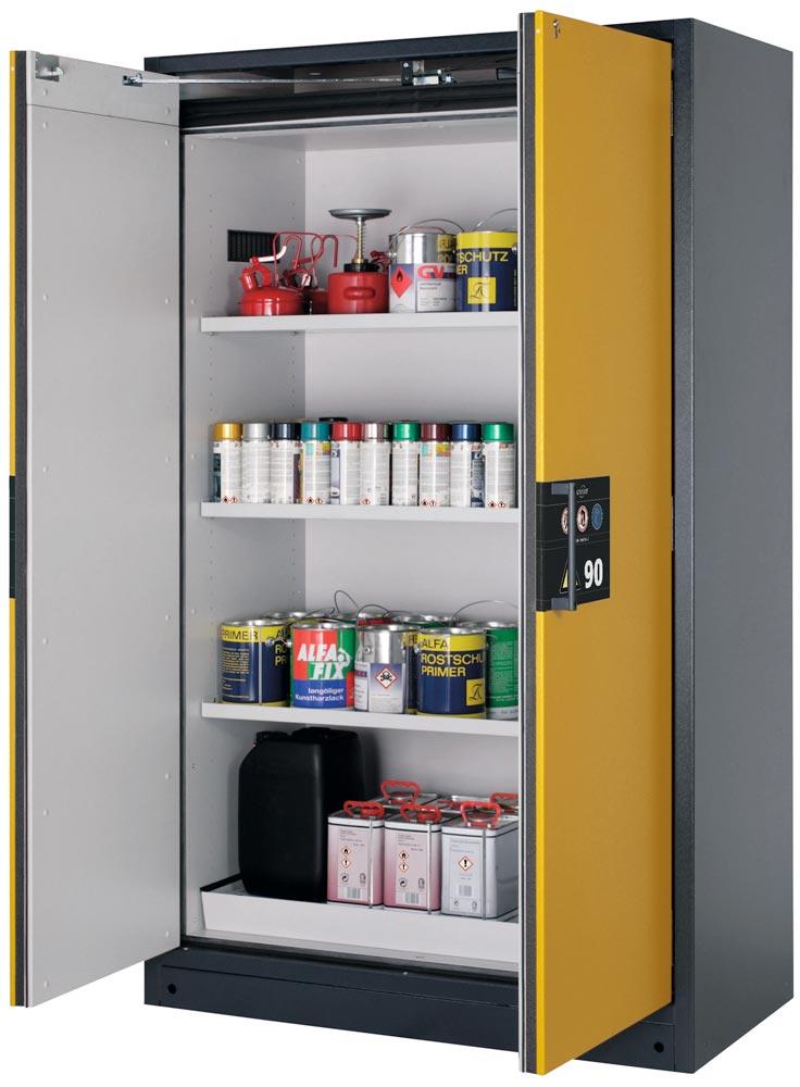 Gefahrstoffschrank, BxTxH 1193x615x1953 mm, 3 Fachböden, 1 Auffangwanne mit Lochblecheinsatz, inkl. AGT und TSA, RAL 7016/1004