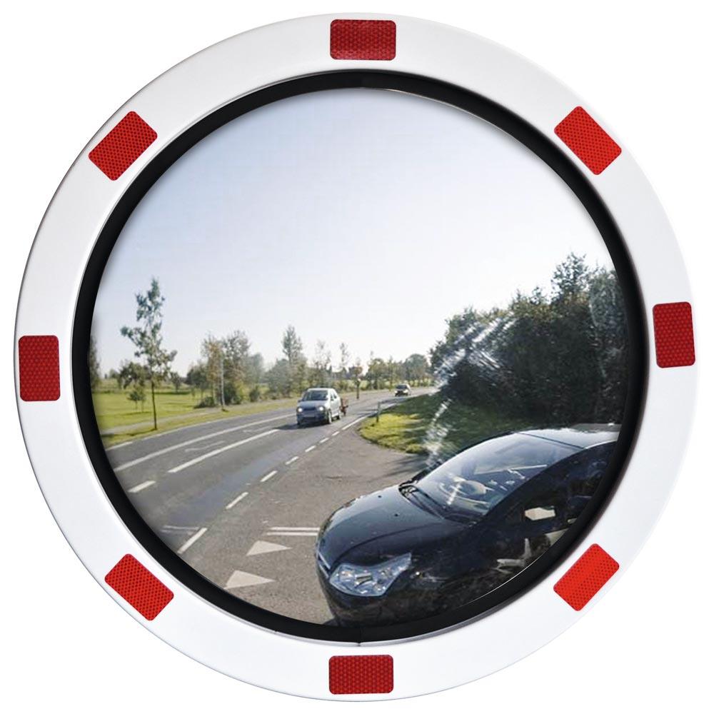 Verkehrsspiegel, Rahmen, Spiegelfläche Edelstahl, rot reflektierender Blickfangrand, mit Halterung, Durchm. 600 mm