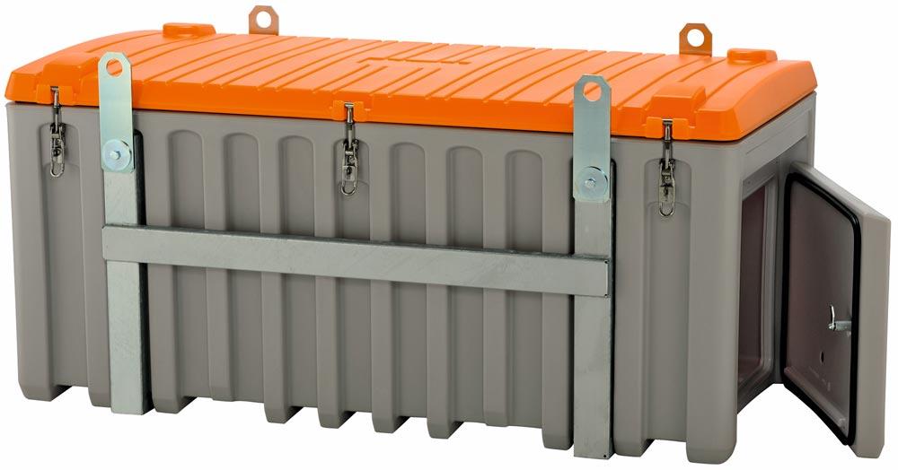 Materialbox, kranbar mit Seitentür, Polyethylen, grau/orange, Volumen 750 l, BxTxH 1700x860x800 mm, Gewicht 76 kg