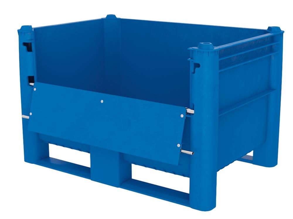 Palettenbox aus PE, Wände und Boden geschlossen, mit 1 Seitenklappe BxH 955x290 mm, Gewicht 32 kg, Volumen 500 l, BxTxH 1200x1000x740 mm
