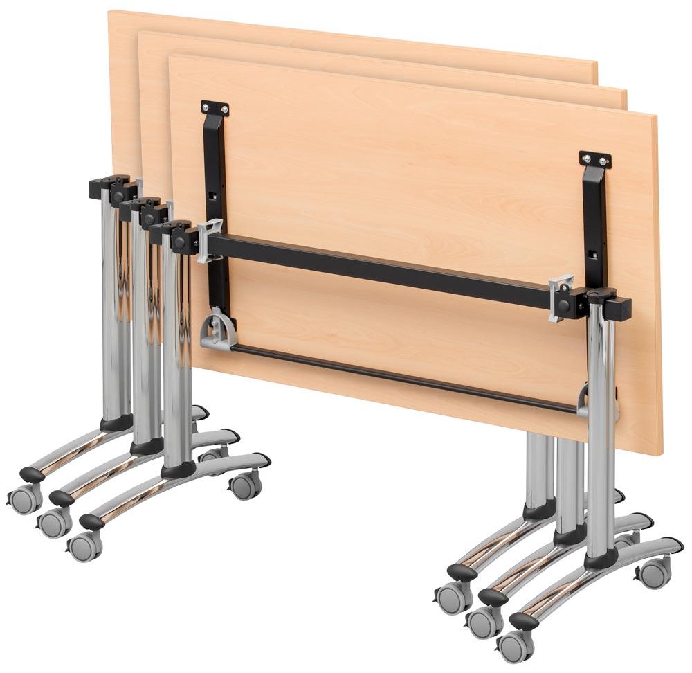 Klapptisch, BxTxH 1200x800x730 mm, T-Fuß-Säulen-Gestell weissalu, fahrbar, melaminbesch. Platte buche