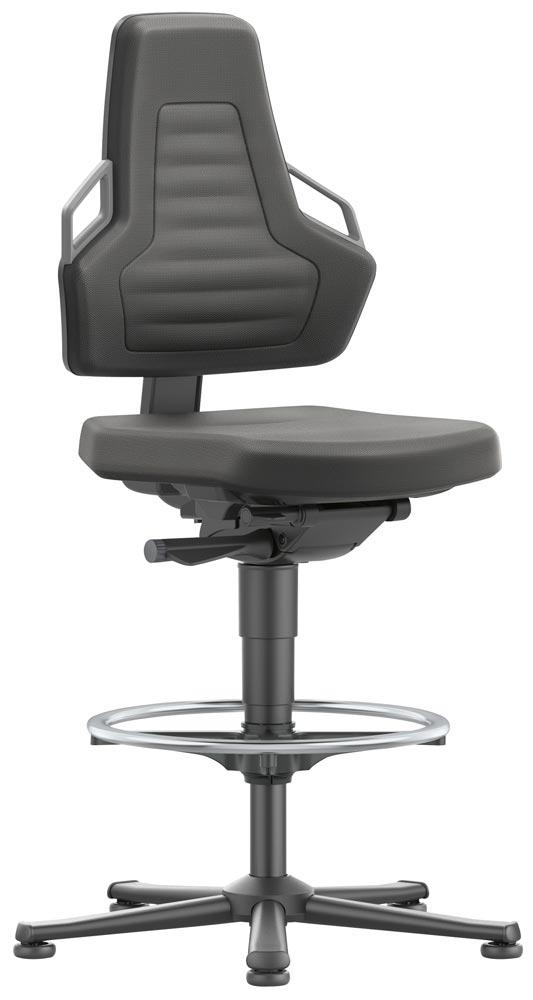 Arbeitsdrehstuhl mit autom. Gewichtregulierung, Sitz Supertec schwarz, Griffe grau, Gleiter u. Fußring, Sitz Höhe 570-820 mm