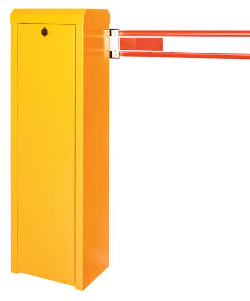 Elektronische Wegesperre, Farbe RAL 9010 HR m. roten Reflexstreifen, Gehäuse RAL 1028, inkl. gefederter Pendestütze und Handsender, Breite 2,0 m