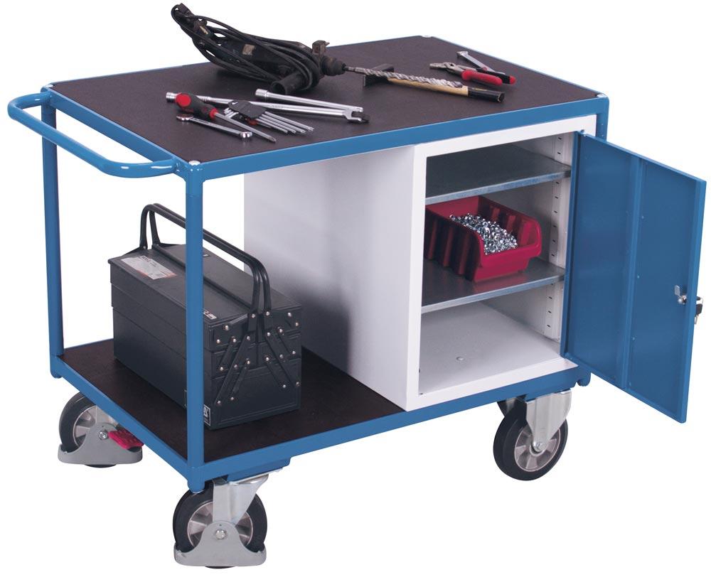 Schwerlast-Tischwagen, 2 Ladeflächen LxB 2060x800 mm, Stahlschrank, Außenmaße LxBxH 2190x800x930 mm, Traglast 1000 kg