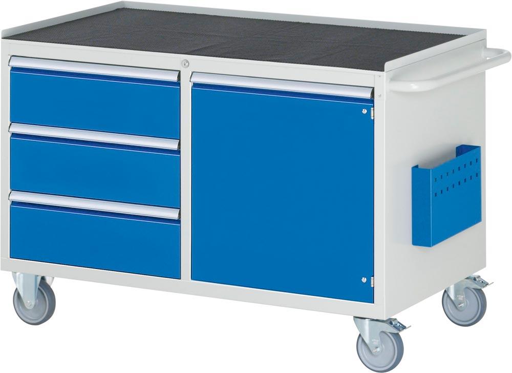 Montagewagen mit Metall Platte 25 mm, BxTxH 1145x650x795 mm, 3 Schubladen 180 mm, 1 x Flügeltür 540 mm, RAL 7035/5010