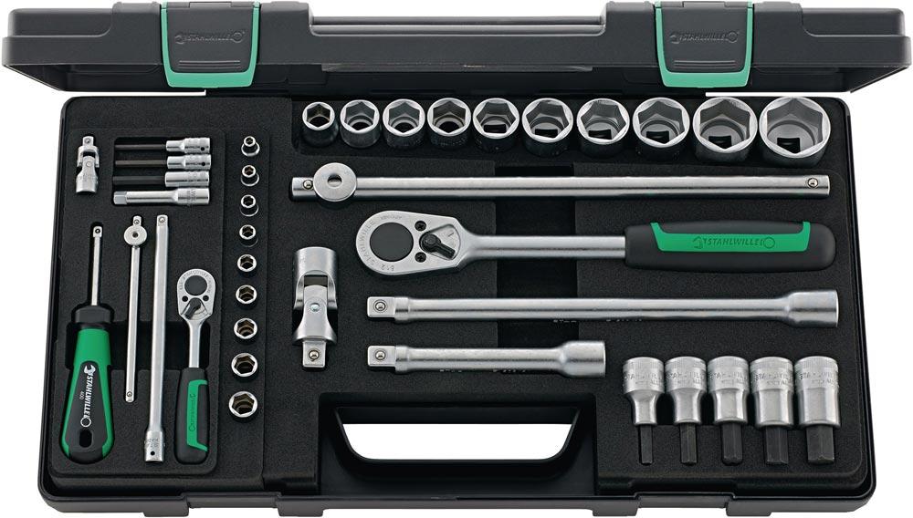 Steckschlüsselsatz 40/52/27/11 38-teilig 1/4 + 1/2  Schlüsselweiten 4-30 mm Anzahl Zähne 22/36 6-Kant Steckschlüsselsatz 40/52/27/11 38-teilig 1/4 + 1/2  Schlüsselweiten 4-30 mm Anzahl Zähne 22/36 6-Kant