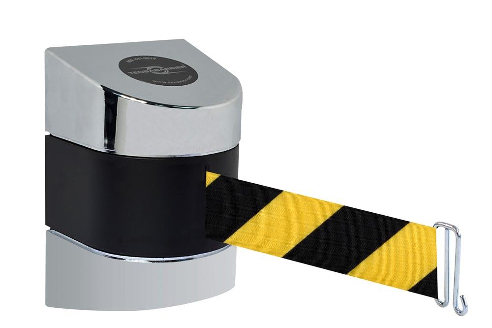 Wandkassette mit Rollgurt, Wandfixierung inkl. Wandanschluss, Gehäuse Kunststoff Chrom, Gurt 4,60 m, gelb/schwarz