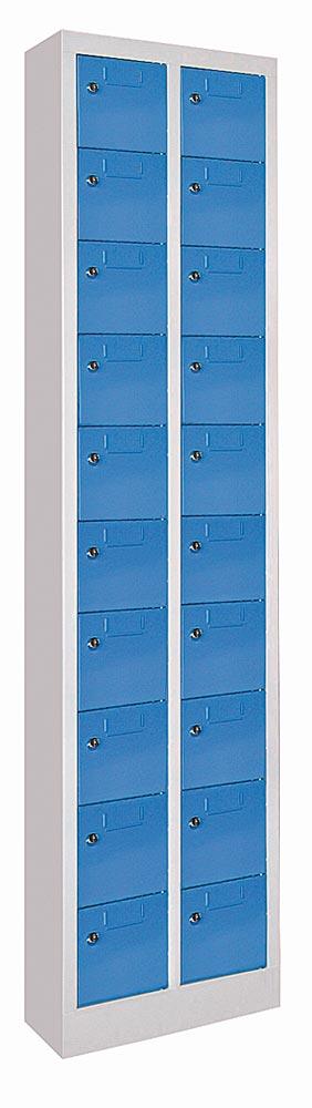 Kleinfachschrank, BxTxH 460x200x1950 mm, 2x10 Fächer, Fachbreite 145 mm, Schloss, Sockel, RAL 7035/5010 lichtgrau/enzianblau