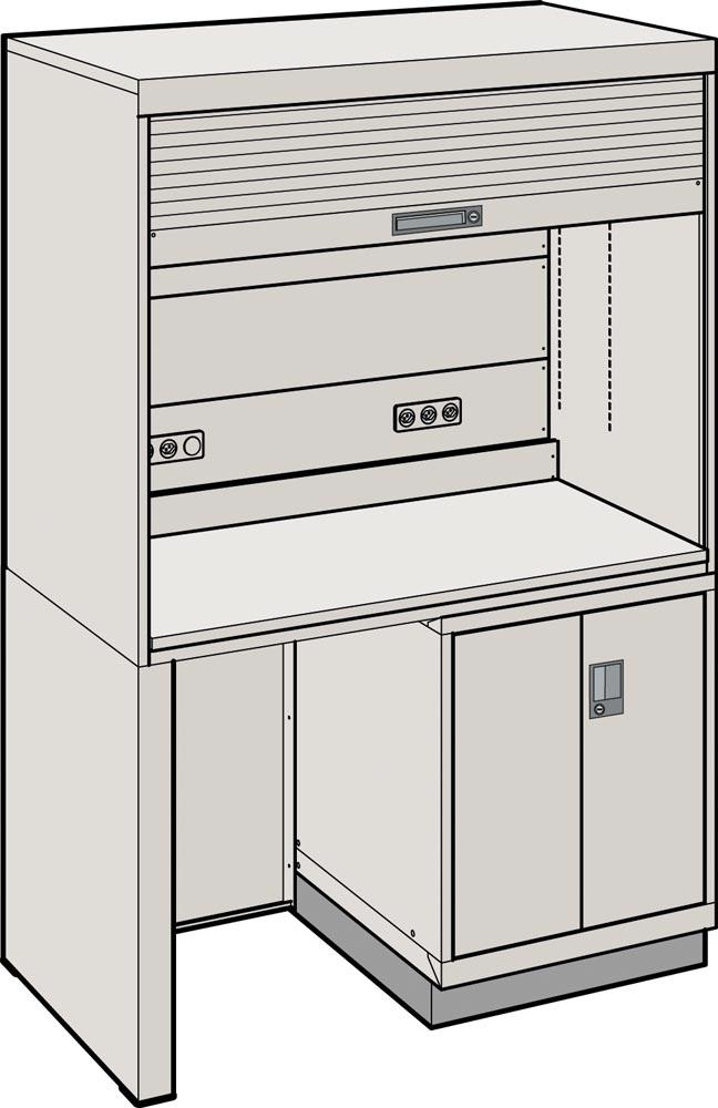 Arbeitsplatzsystem BxTxH 1434x725x2100 mm, RAL 7035, 1 Aufsatzschrank mit Rolladen, 1 Fuß, Hardwareschrank