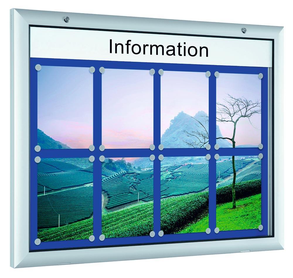 Flachschaukasten, BxTxH 1600x43x1025 mm, Übergröße quer, Aluprofile, ESG-Glas, Rückwand blau, inkl. 10 Magnete + 1 Einstecktasche