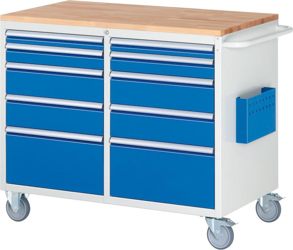 Montagewagen mit Buche Platte, BxTxH 1145x650x975 mm, 10 Schubladen 2x60, 2x90, 4x150, 2x270 mm, RAL 7035/5010