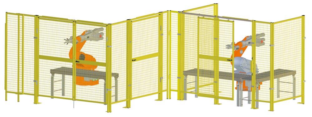 Doppelflügeltor für Maschinenschutzgitter, BxH 3500x2000 mm, Flachgitter 50/25 mm, Pfosten RAL 9005 tiefschwarz/Türen RAL 1018 zinkgelb