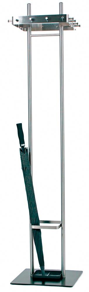 Garderobenständer, BxTxH 400x400x1760 mm, 16 Kleiderhaken, Stange für Kleiderbügel, Schirmständer, Edelstahl, Bodenplatte aus Stahl pulverbesch.
