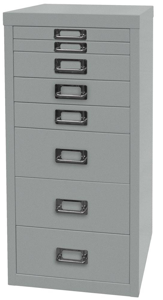 Büro-Schubladenschrank, BxTxH 279x380x590 mm, 8 Schubladen 2x25, 3x51, 3x102 mm, DIN A4, silber
