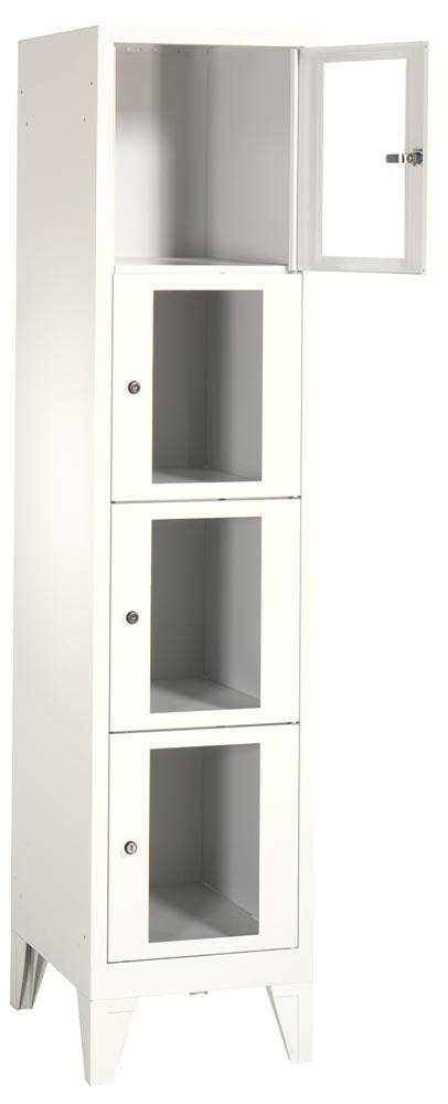 Fächerschränke mit Füßen und Sichtfenstertüren, 1x4 Fächer, Schloss, BxTxH 420x500x1850 mm, Abt. B 400 mm, RAL 7035