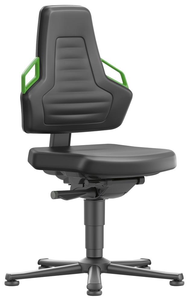 Arbeitsdrehstuhl mit autom. Gewichtregulierung, Sitz Kunstleder schwarz, Griffe grün, Gleiter, Sitz Höhe 450-600 mm