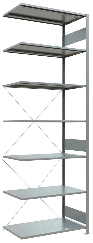 Steckregal, Anbaufeld, verzinkt, 7 Fachböden, Fachlast 150 kg, Feldlast 2300 kg, BxTxH 1000x800x3000 mm
