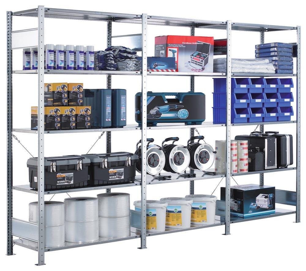 Steckregal, Grundfeld, verzinkt, 7 Fachböden, Fachlast 250 kg, Feldlast 2300 kg, BxTxH 1000x400x3000 mm