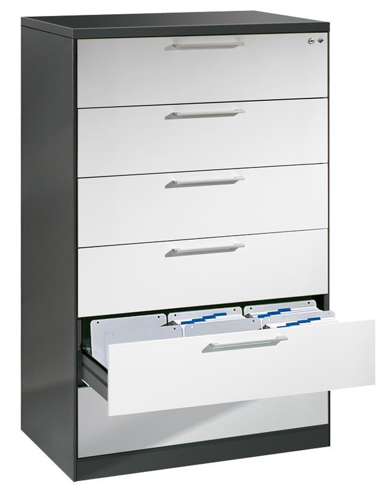 Karteischrank, BxTxH 800x600x698 mm, DIN A5, dreibahnig, 3 Schubladen, Bügelgriff, RAL 7021 schwarzgrau
