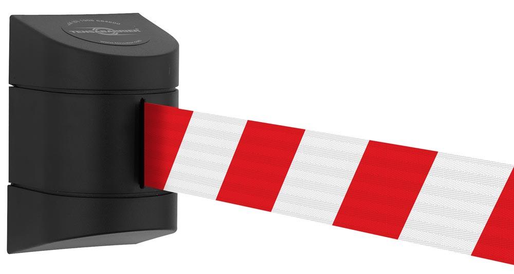 Wandkassette mit Rollgurt, Wandfixierung inkl. Wandanschluss, Gehäuse Kunststoff schwarz, Gurt 4,60 m, rot/weiß