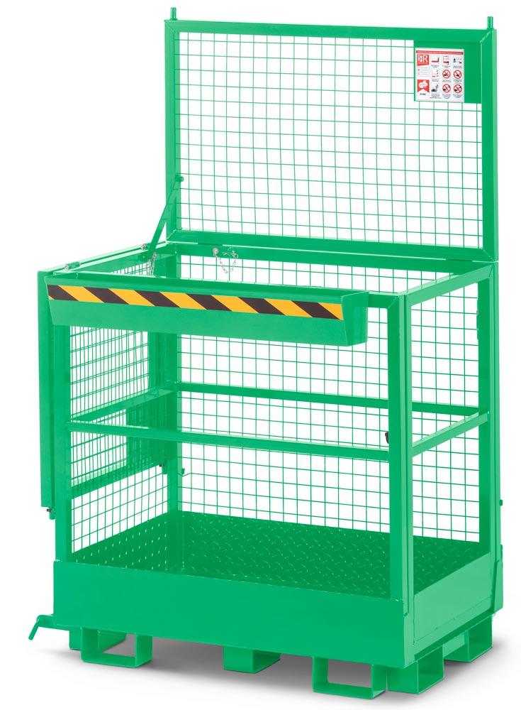 Arbeitskorb mit Aufnahme von der Breitseite und der Schmalseite, Zulässig für 2 Personen, BxTxH 1200x800x1950 mm, Traglast 300 kg, RAL 6018 gelbgrün