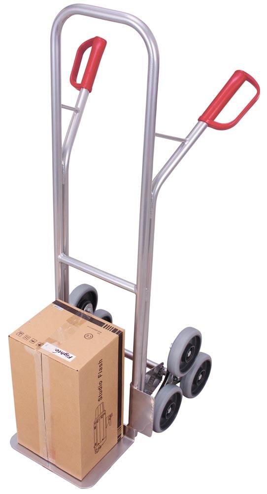 Alu-Treppenkarre, Schaufel-BxT 480x300 mm, BxTxH 570x580x1310 mm, Traglast 200 kg, Luftbereifung + 2 fünfarmige Radsterne Vollgummibereifung