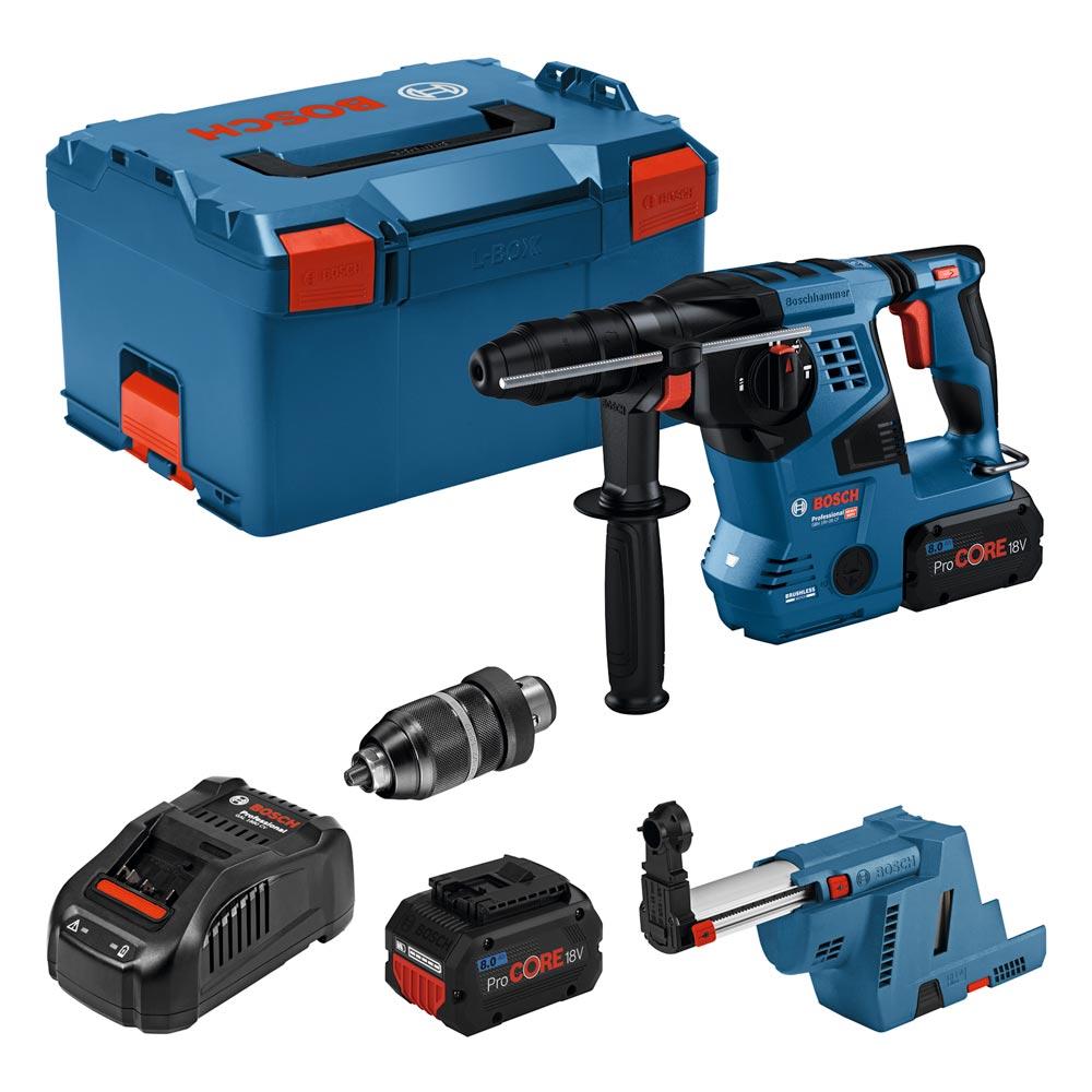 BOSCH Akku-Bohrhammer GBH 18V-28 CF (2xPC8.0Ah GAL1880CV GDE CoMo Quick Change Chuck L-Boxx)