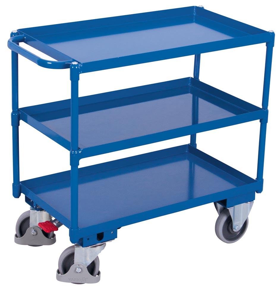 Tischwagen, 3 öldicht verschweißte Wannen, Ladefläche LxB 995x695 mm, Außenmaße LxBxH 1135x700x950 mm, Traglast 400 kg, RAL 5010 enzianblau